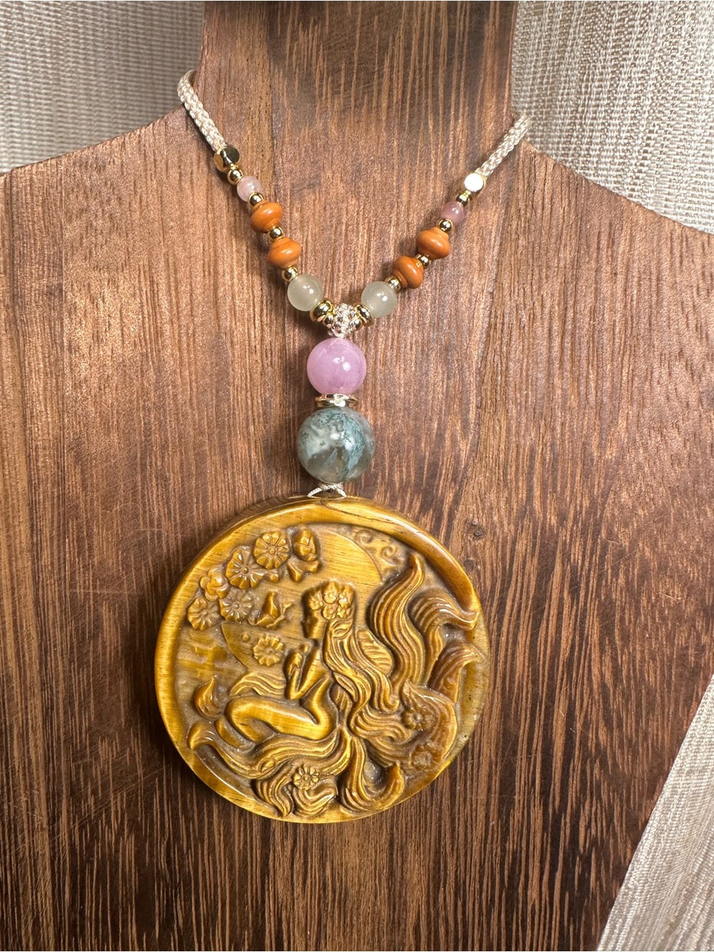 Tiger’s Eye Fairy Pendant with Kunzite and Moss Agate on Adjustable Beaded Rope - Picture 2 of 12